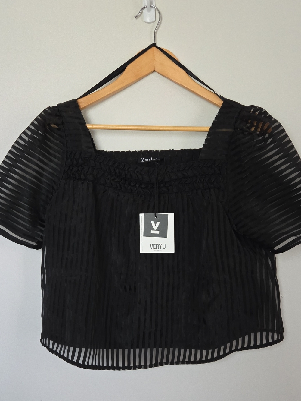 Very J Black Sheer Stripe Square-Neck Blouse